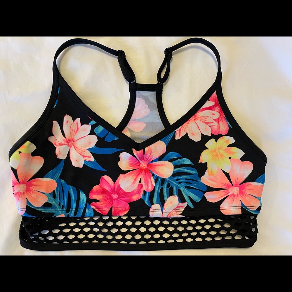Pink summer sports bra - bright tropical flowers - great summer colors